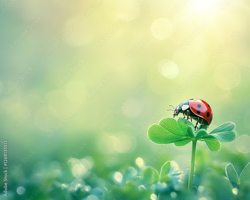Poster A ladybug on a three-leaf clover with a blurred green bokeh background, symbolizing luck, springtime, and nature's beauty, evoking feelings of freshness and serenity.