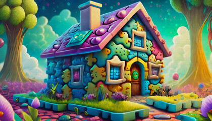 oil painting style cartoon illustration House made of puzzle pieces. Property investment and house mortgage financial real estate
