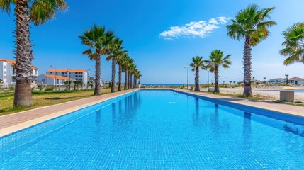 Long Pool Reflecting Palm Trees and Ocean View