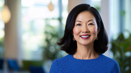 A beautiful smiling Asian woman celebrating World Womenâs Day, radiating positivity and empowerment. She embraces the spirit of equality and is proud of the achievements of women w