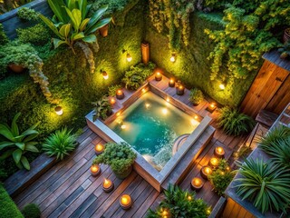 Aerial Drone View: Luxurious Spa Hot Tub, Candles, Lush Greenery, Tranquil Relaxation
