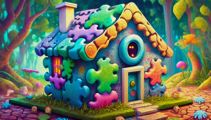 oil painting style cartoon illustration House made of puzzle pieces. Property investment and house mortgage financial real estate