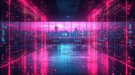 Futuristic hallway with neon lights and city skyline view.