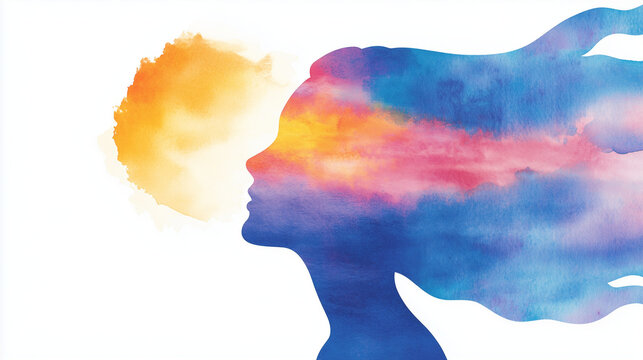 A dreamy watercolor portrait of a woman in the soft glow of a sunset, with her hair flowing and vibrant, colorful splashes surrounding her. This piece celebrates the spirit and bea