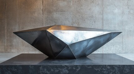 Brushed steel display stand, strong industrial vibe, sharp edges