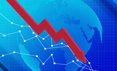 A modern flat digital illustration for web use. A bold red statistics arrow crashes downward, breaking apart as it falls. Debris scatters, highlighting the sharp decline. In the background