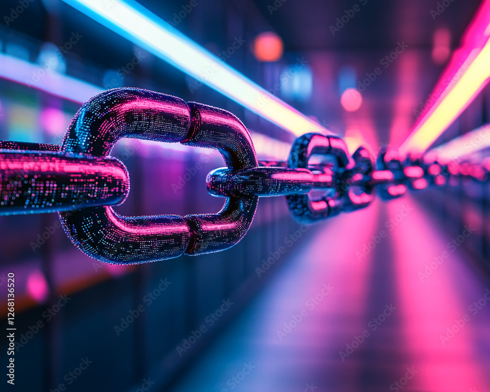 Poster close-up of glowing digital chain links in a futuristic neon setting, symbolizing connection, techno