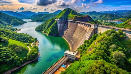 Obraz premium Aerial View Concrete Dam Thong Pha Phum Kanchanaburi Thailand - Stunning Landscape Stock Photo