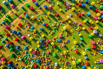 Fototapeta premium Aerial View Colorful Plastic Letters & Numbers Alphabet Scattered Ground