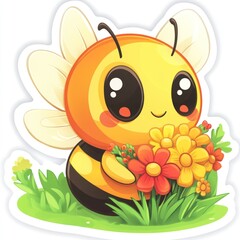 Naklejka premium Cute bee holding flowers in meadow, spring