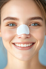 A young smiling woman after a Rhinoplasty procedure. Medical patch on the nose, healing after nose shape correction