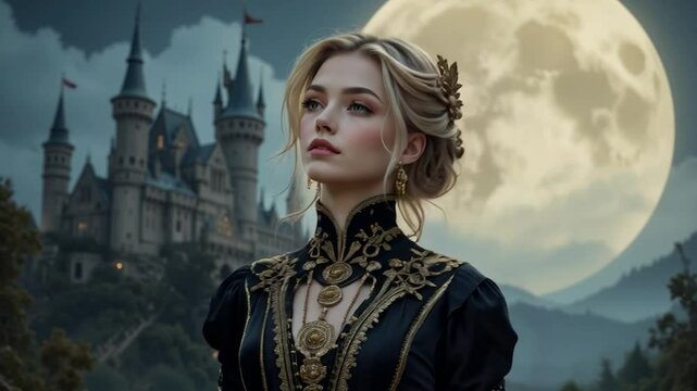 a queen standing with full moon and castle background