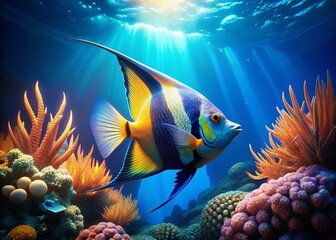 Obraz premium Aerial View of Angelfish in Vibrant Coral Reef - Tropical Fish Pterophyllum Scalare