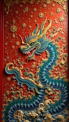 Obraz premium Intricate Chinese art painting on temple wall with golden accents, art, architecture, interior