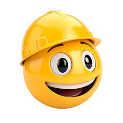 An emoji wearing a yellow hard hat, sporting a wide smile and big eyes. The bright helmet and upbeat expression evoke a sense of readiness for fun work