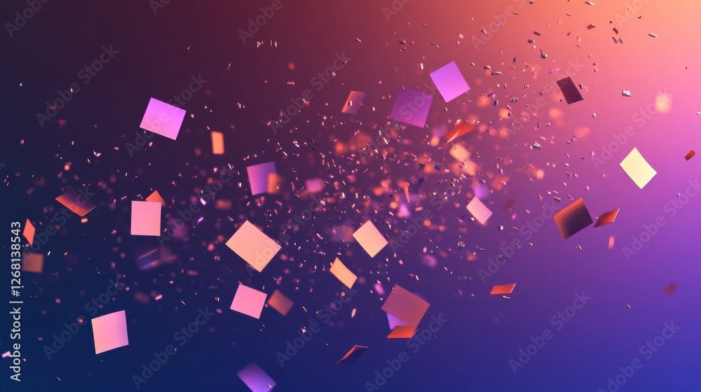 Poster Colorful geometric particles floating through a vibrant gradient background in a digital abstract composition. Generative AI