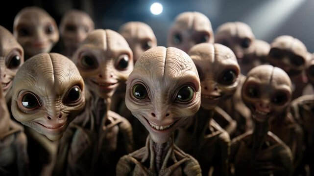 Group of out of space aliens posing inside their space ship ready to get out of the ship to invade planet earth