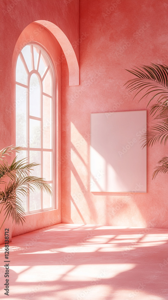 Poster a soft pink room with a large window, sunlight casting gentle shadows on the floor, and a plant besi