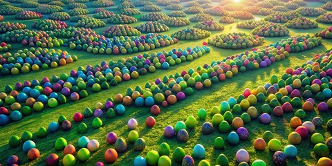 Obraz premium Aerial View of Colorful Easter Eggs Scattered on Grass, Spring Festive Background