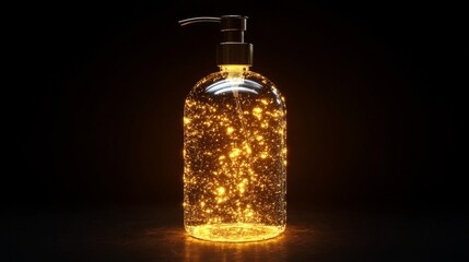 Golden Glittering Liquid in Glass Bottle with Pump Dispenser on Black Background