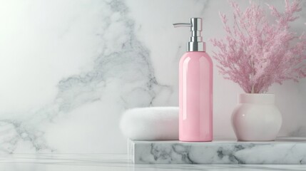 Pink Soap Dispenser Bottle with Flower Accent on Marble Surface for Bathroom Display