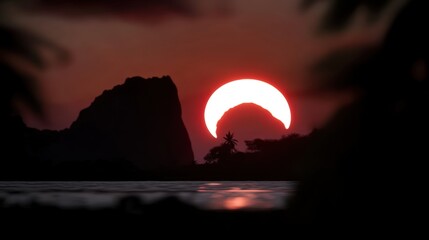 Obraz premium A stunning sunset with an eclipse over a serene landscape and silhouette.