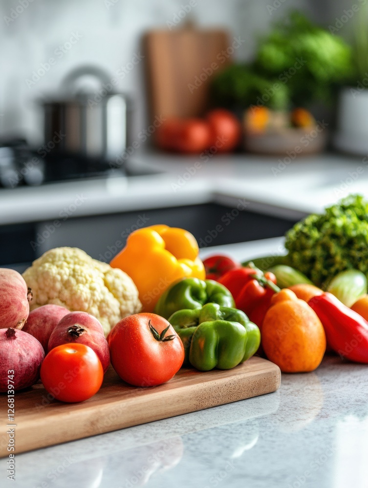 Poster fresh assortment of vegetables and fruits arranged on a wooden cutting board in a modern kitchen set