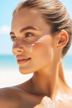 Young woman on a sunny beach Applying sunscreen cream to the face skin. Protection against ultraviolet oncogenic radiation