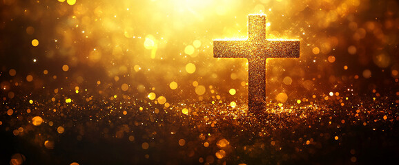 Golden glitter cross shining amidst sparkling lights, symbolizing faith and spirituality, with a blurred bokeh effect representing divinity, hope, and purity.