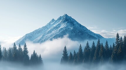 Majestic snow-capped mountain surrounded by misty evergreen forests.