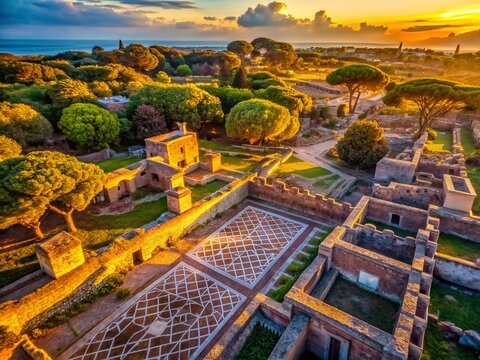 Aerial View of Ostia Antica's Ninfeo degli Eroti, Rome, Italy - Ancient Roman Ruins Drone Photography