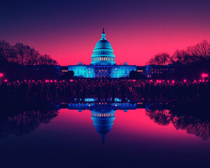 Obraz premium The U.S. Capitol building illuminated by colorful lights at sunset with a crowd in front. This image captures the power of democracy, unity, and political gatherings in a vibrant atmosphere.