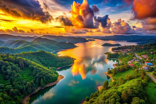 Aerial View of Umiam Lake, Shillong, Meghalaya: Lush Green Forest & Clouds