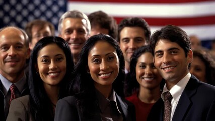 Group of immigrants in front of a US flag the day of their naturalization
- Powered by Adobe