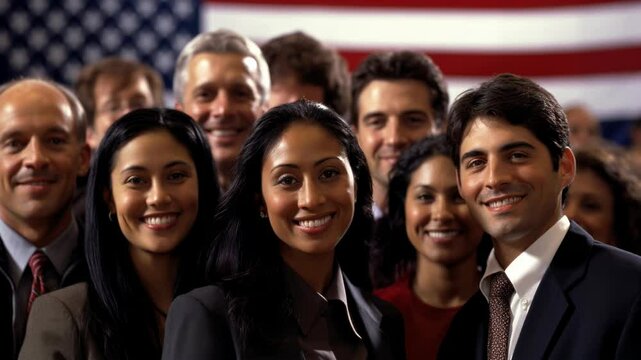 Group of immigrants in front of a US flag the day of their naturalization	
