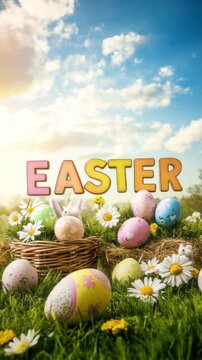 A beautiful vertical video of an Easter landscape in a green garden, with the word "EASTER" displayed amidst colorful painted Easter eggs. The scene captures the spirit of spring and celebration