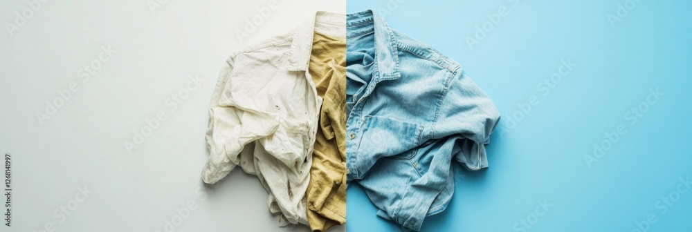 Aufkleber Comparison of dirty and freshly laundered clothes highlighting cleanliness and freshness with space for additional text. Generative AI