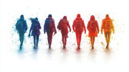A group of seven people walking together, blending into colorful splashes.