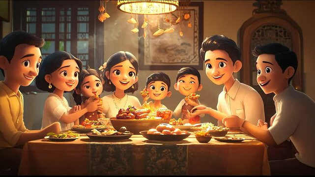 Animated family dinner, cherishing moments, gathering around the table