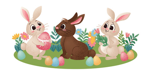 Two white rabbits and a brown rabbit sitting on green grass surrounded by colorful Easter eggs and flowers. Cute cartoon holiday illustration. Easter celebration design for greeting card.