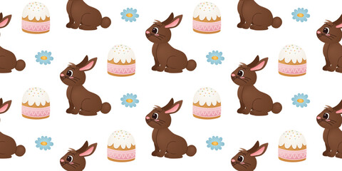 Obraz premium Seamless pattern with chocolate brown rabbits, Easter cakes, blue flowers on white background. Cute kids holiday design for wallpaper, textile, and wrapping paper.