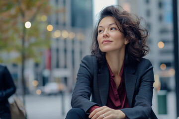 35 year old woman wearing a pant suit, sitting outside on a city street looking up and away from the camera
