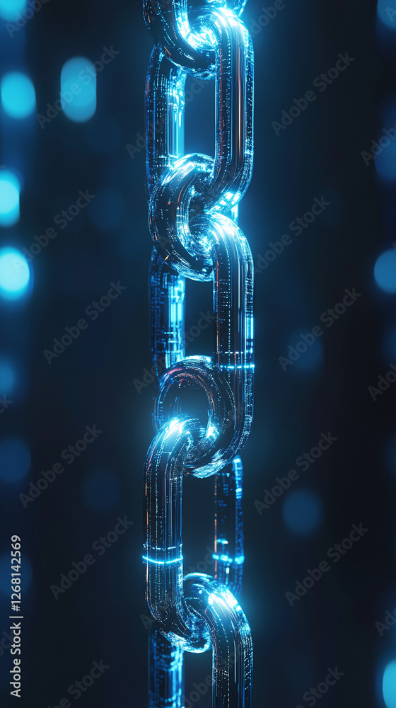 Poster Close-up of a glowing blue digital chain link on a dark background, showcasing futuristic technology and connectivity, symbolizing security and blockchain.