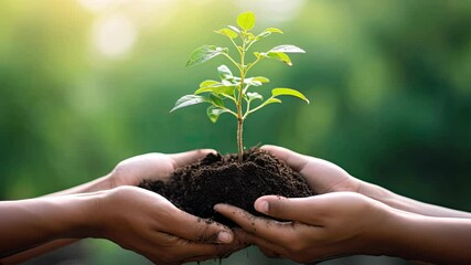 Human hands holding young plant with soil on nature background, environment concept