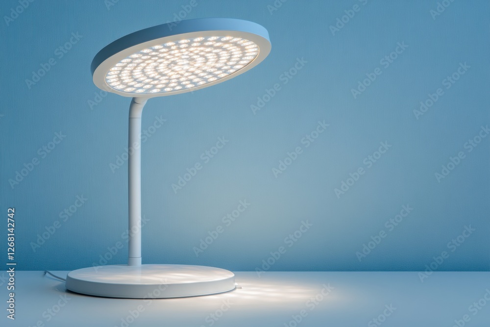Fototapete Modern LED desk lamp with circular design illuminating a workspace in a serene blue setting during evening hours. Generative AI