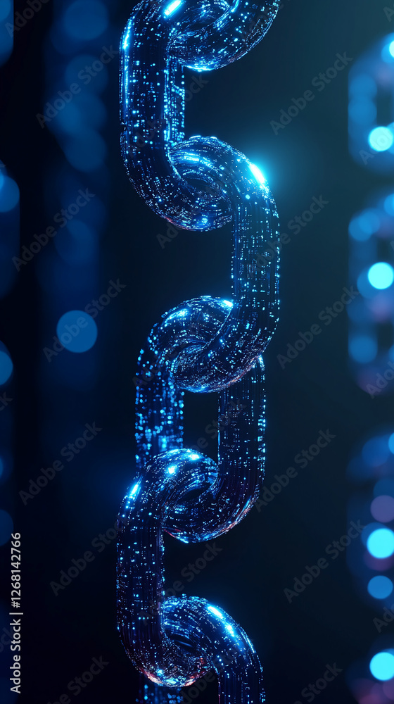 Poster Close-up view of glowing blue digital chain links representing blockchain technology, with futuristic data streaming through the links in a cyberpunk style.