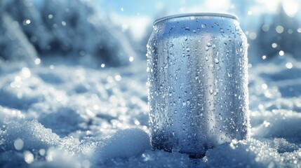 Obraz premium Icy Aluminum Can with Water Droplets Sitting in Fresh Snow with a Bright Lighting