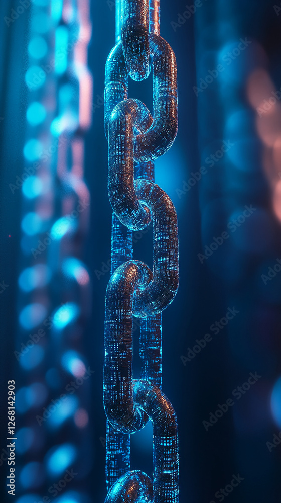 Aufkleber close-up view of interconnected glowing blue chain links with a futuristic, digital aesthetic, showc