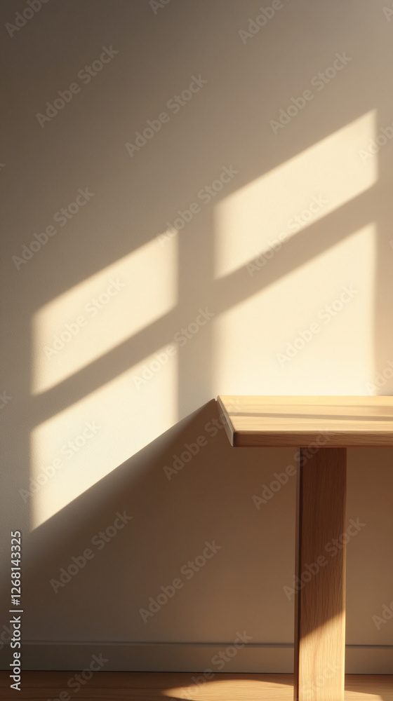 Poster wooden table with soft sunlight creating abstract shadow patterns on the wall, showcasing minimalist