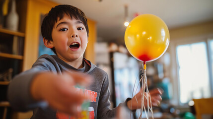 Young boy testing a homemade balloon rocket with string and tape, excited expression, bright indoor lighting, physics experiment, action photography
